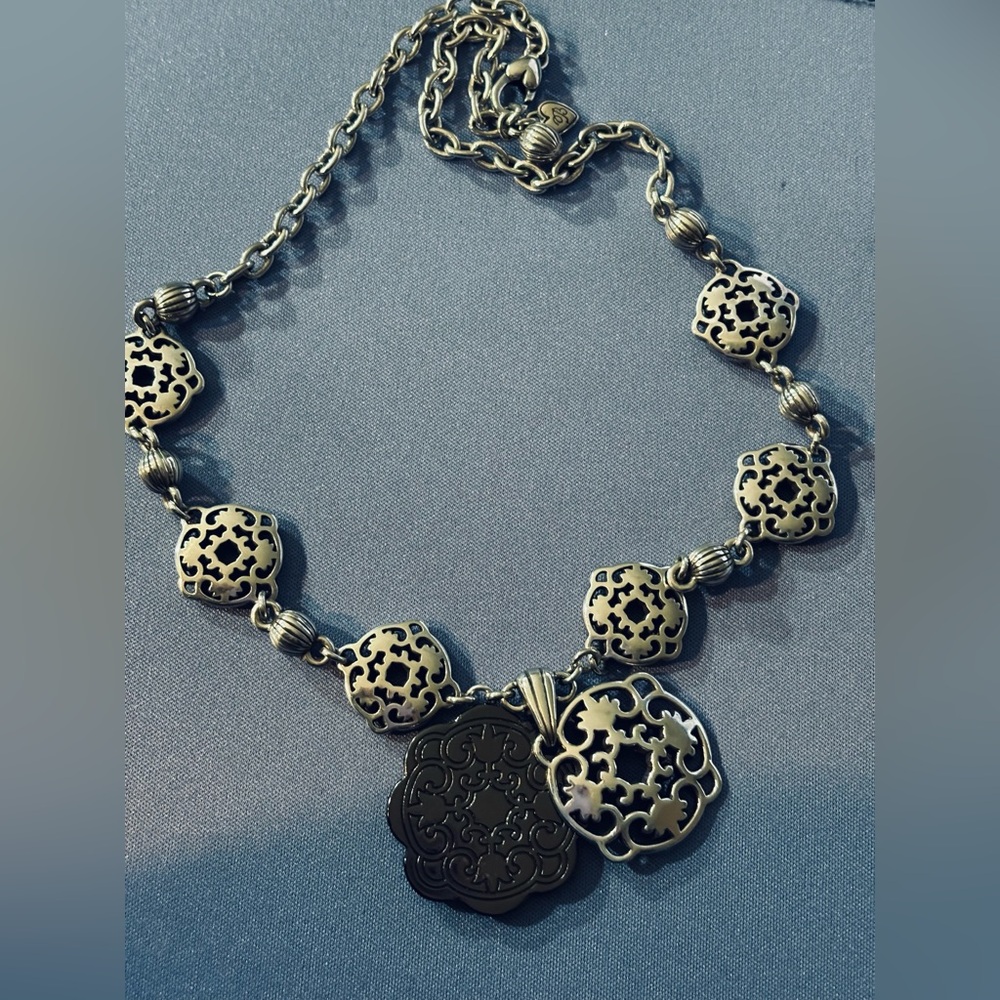 Brighton Medallion Statement Necklace 18" Silver Plated Reversible